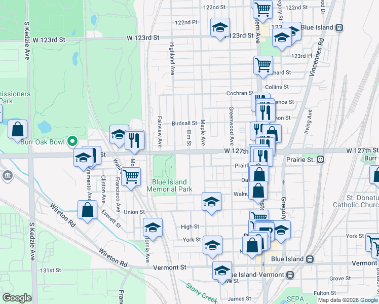 map of restaurants, bars, coffee shops, grocery stores, and more near W 127th St & Elm St in Blue Island