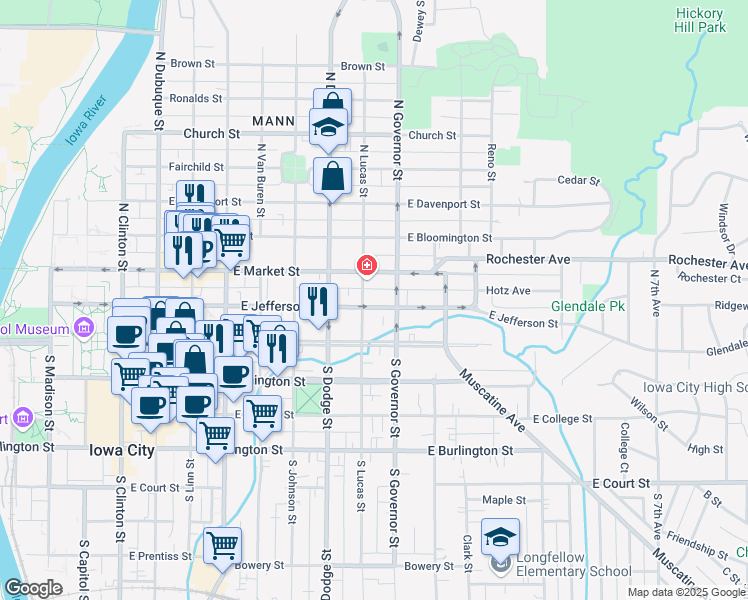 map of restaurants, bars, coffee shops, grocery stores, and more near 810 East Jefferson Street in Iowa City