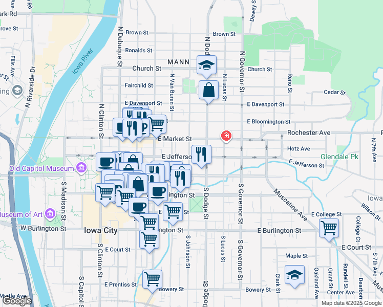map of restaurants, bars, coffee shops, grocery stores, and more near 606 East Jefferson Street in Iowa City