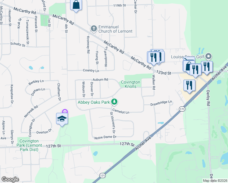 map of restaurants, bars, coffee shops, grocery stores, and more near 1233 Covington Drive in Lemont