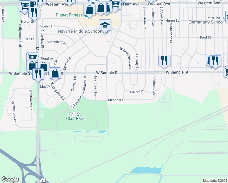 map of restaurants, bars, coffee shops, grocery stores, and more near 1033 Barberry Lane in South Bend