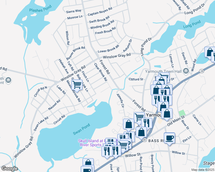 map of restaurants, bars, coffee shops, grocery stores, and more near 2 Muscovy Lane in Yarmouth