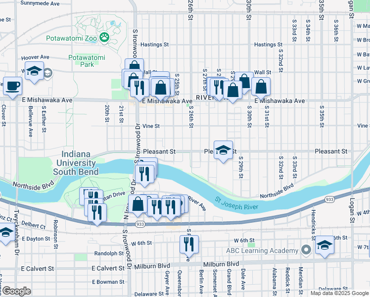 map of restaurants, bars, coffee shops, grocery stores, and more near 2519 Pleasant Street in South Bend