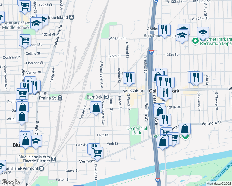 map of restaurants, bars, coffee shops, grocery stores, and more near 1843 Burr Oak Avenue in Blue Island