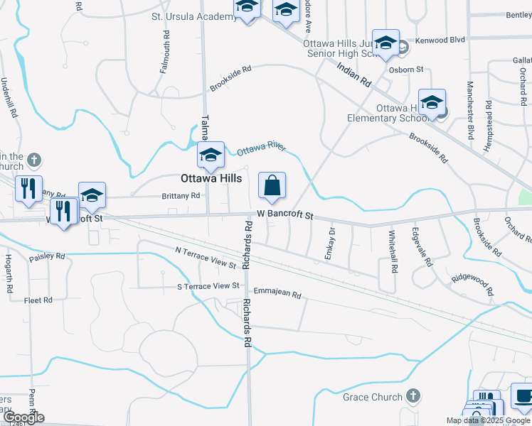 map of restaurants, bars, coffee shops, grocery stores, and more near 4040 West Bancroft Street in Ottawa Hills