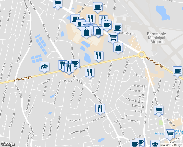 map of restaurants, bars, coffee shops, grocery stores, and more near 62 Fresh Holes Road in Barnstable
