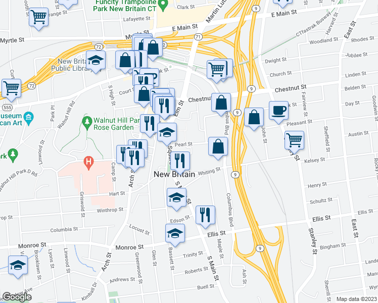 map of restaurants, bars, coffee shops, grocery stores, and more near 35 Pearl Street in New Britain