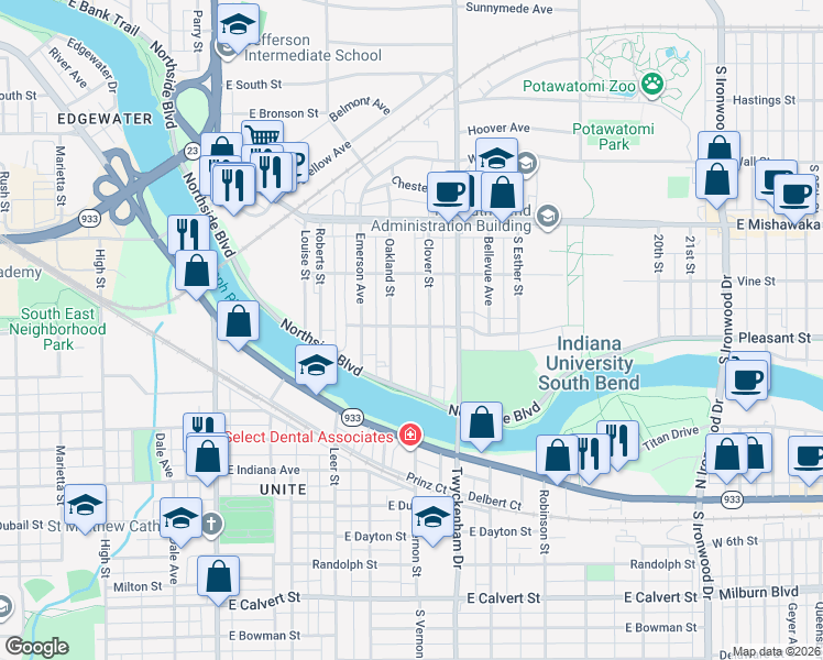 map of restaurants, bars, coffee shops, grocery stores, and more near 1408 Hildreth Street in South Bend