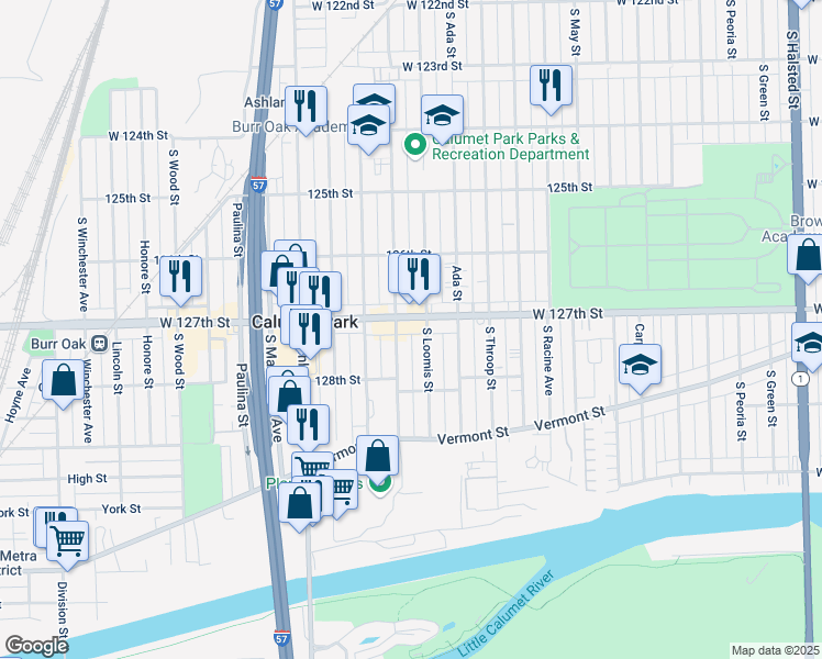 map of restaurants, bars, coffee shops, grocery stores, and more near 12711 Bishop Street in Calumet Park