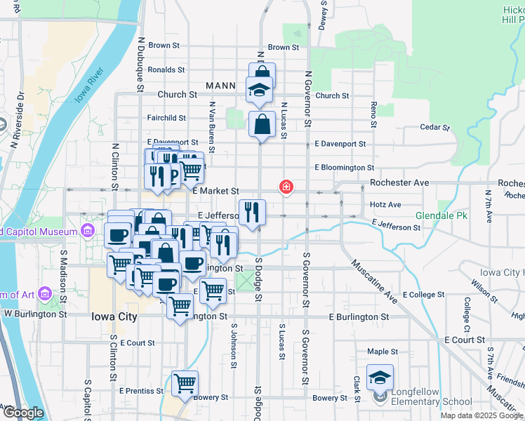 map of restaurants, bars, coffee shops, grocery stores, and more near 704 East Jefferson Street in Iowa City