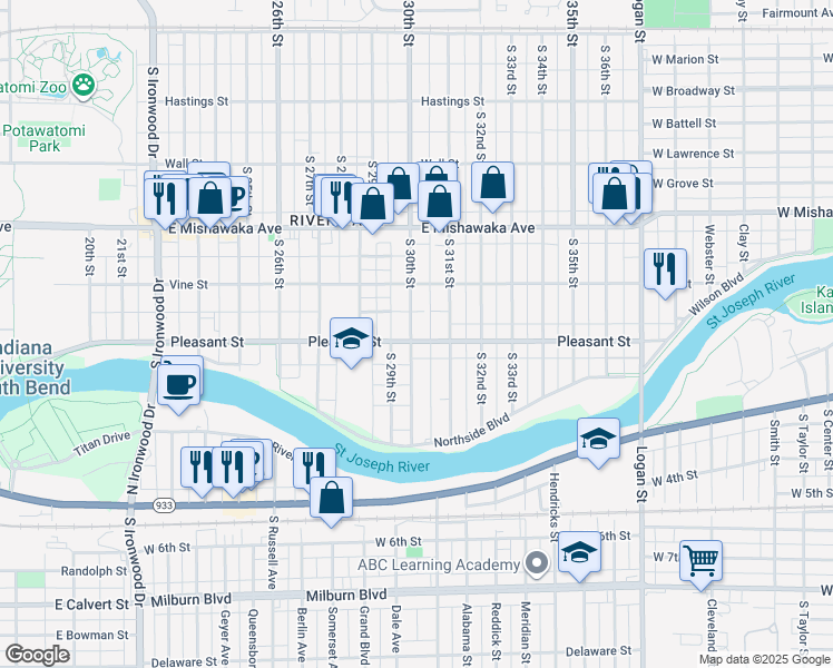 map of restaurants, bars, coffee shops, grocery stores, and more near 1124 South 30th Street in South Bend