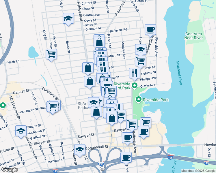 map of restaurants, bars, coffee shops, grocery stores, and more near 194 Phillips Ave in New Bedford