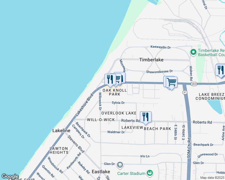 map of restaurants, bars, coffee shops, grocery stores, and more near 34596 Lakeshore Boulevard in Timberlake