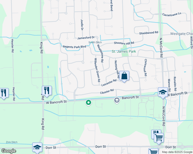 map of restaurants, bars, coffee shops, grocery stores, and more near 2325 Willesden Green Road in Toledo