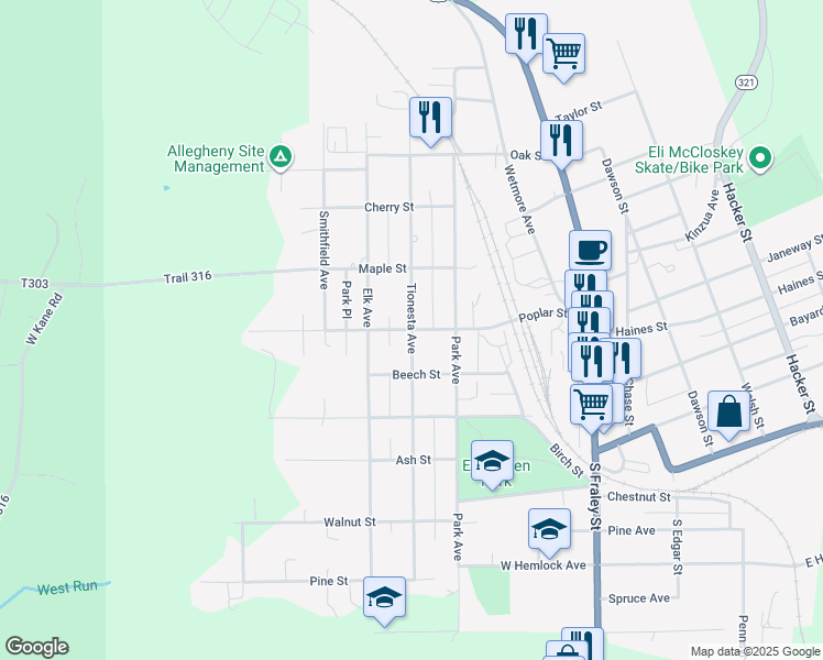 map of restaurants, bars, coffee shops, grocery stores, and more near 201 Poplar Street in Kane