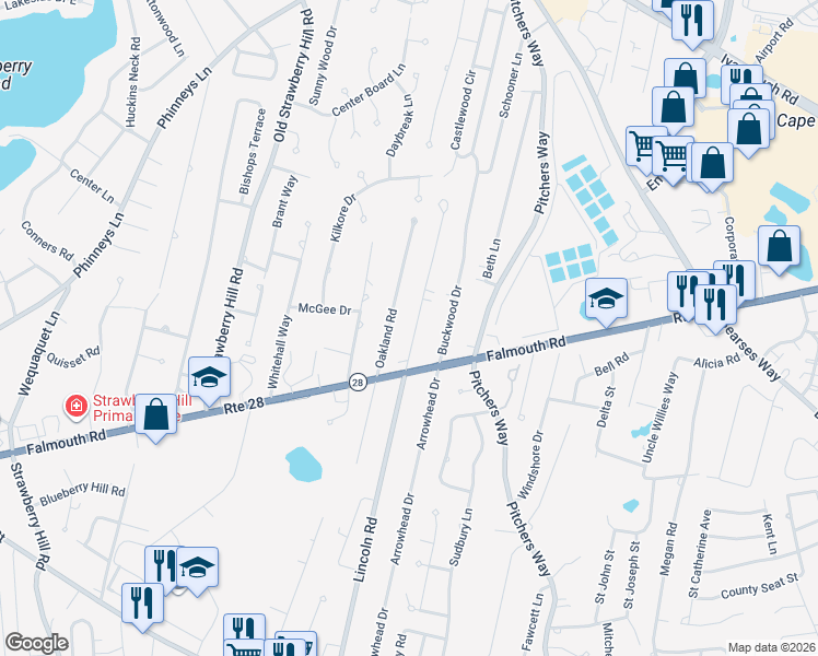 map of restaurants, bars, coffee shops, grocery stores, and more near 402 Oakland Road in Barnstable
