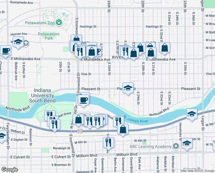 map of restaurants, bars, coffee shops, grocery stores, and more near 2551 Pleasant Street in South Bend