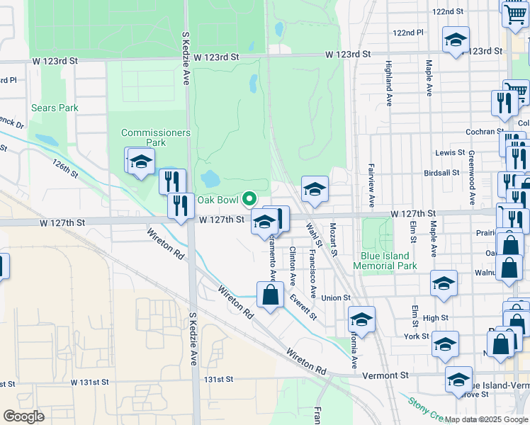 map of restaurants, bars, coffee shops, grocery stores, and more near 3000 West 127th Street in Blue Island