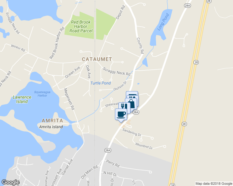 map of restaurants, bars, coffee shops, grocery stores, and more near 12 Olofson Drive in Bourne