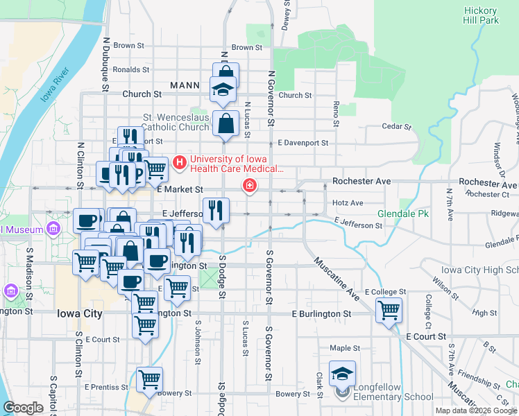 map of restaurants, bars, coffee shops, grocery stores, and more near 810 East Jefferson Street in Iowa City