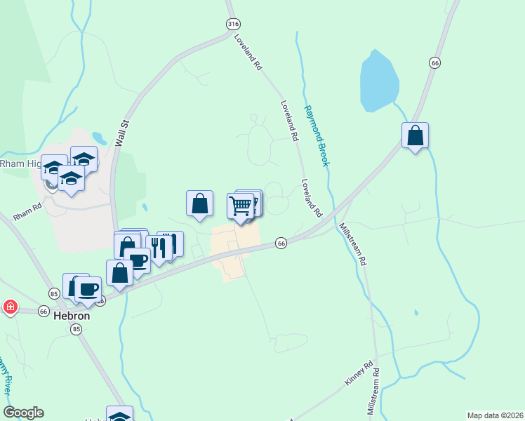 map of restaurants, bars, coffee shops, grocery stores, and more near 36 Barber's Way in Hebron
