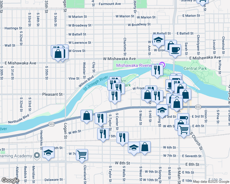 map of restaurants, bars, coffee shops, grocery stores, and more near 109 Old Stable Lane in Mishawaka