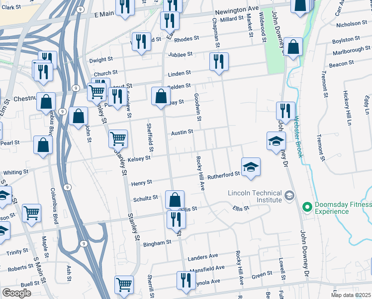map of restaurants, bars, coffee shops, grocery stores, and more near 152 Kelsey Street in New Britain
