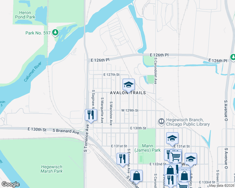 map of restaurants, bars, coffee shops, grocery stores, and more near 12808 South Muskegon Avenue in Chicago
