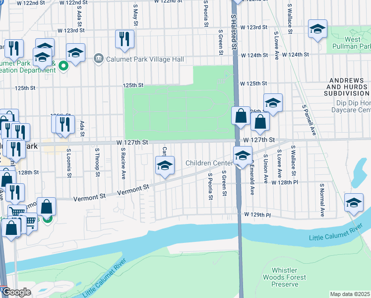 map of restaurants, bars, coffee shops, grocery stores, and more near 12720 South Morgan Street in Chicago