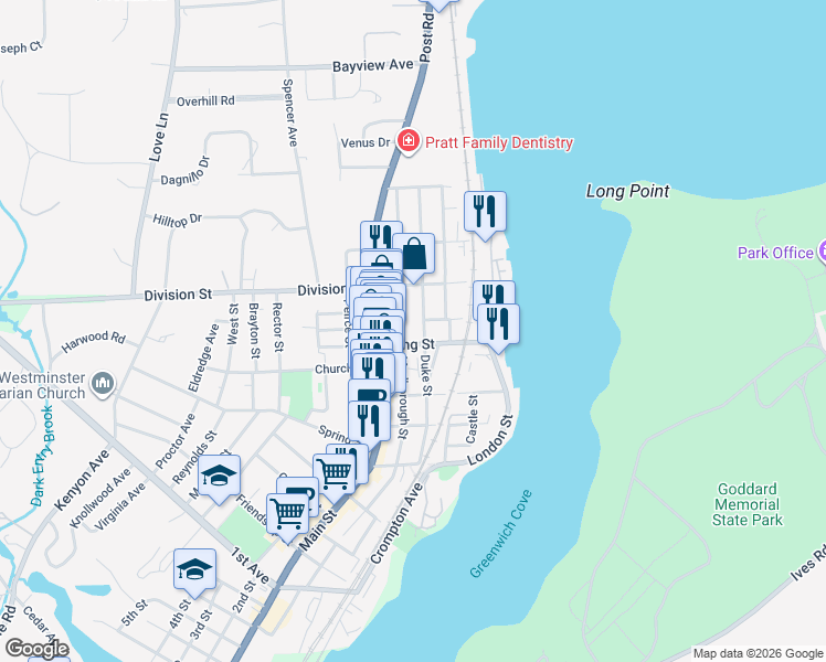 map of restaurants, bars, coffee shops, grocery stores, and more near in East Greenwich