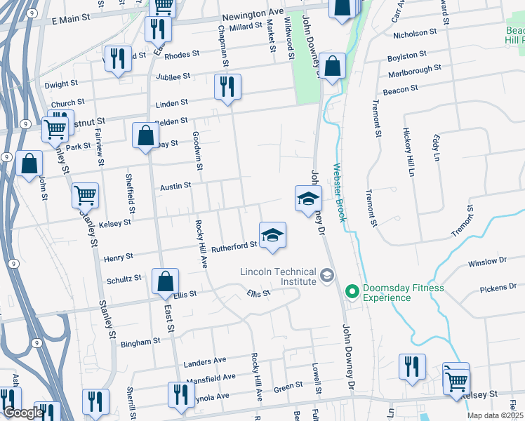 map of restaurants, bars, coffee shops, grocery stores, and more near 21 Jefferson Street in New Britain
