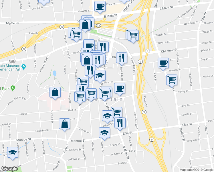 map of restaurants, bars, coffee shops, grocery stores, and more near 35 Pearl Street in New Britain