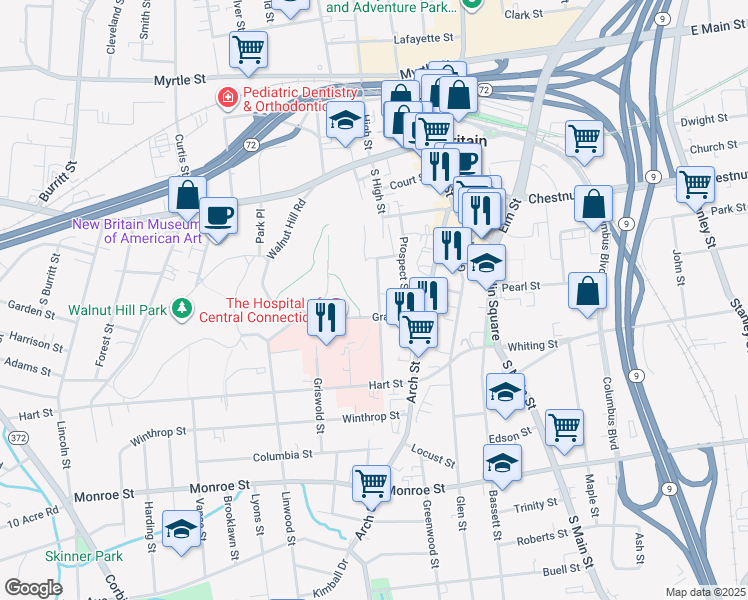 map of restaurants, bars, coffee shops, grocery stores, and more near 54 Camp Street in New Britain
