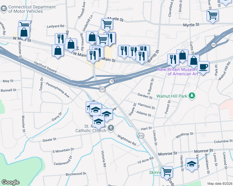 map of restaurants, bars, coffee shops, grocery stores, and more near 975 Corbin Avenue in New Britain