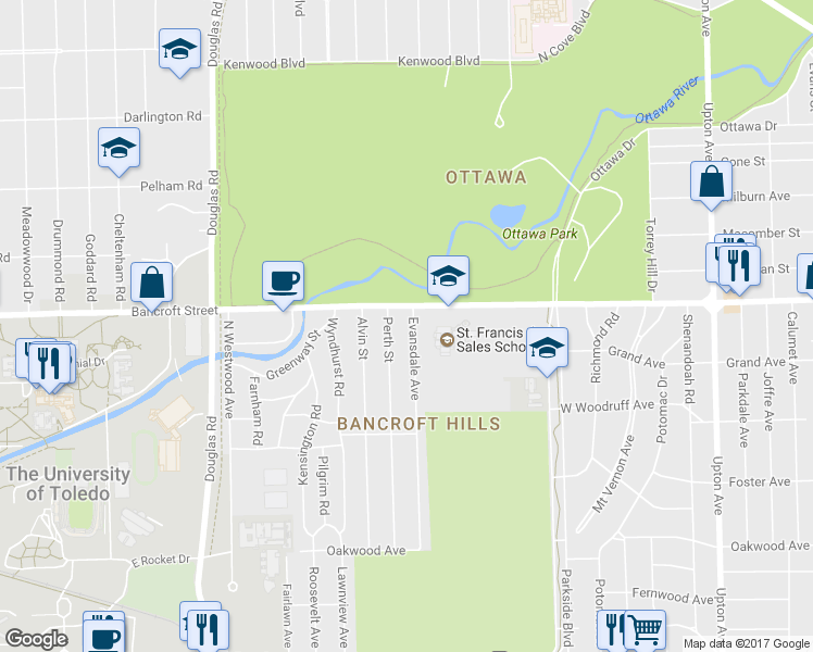 map of restaurants, bars, coffee shops, grocery stores, and more near 2140 Perth Street in Toledo