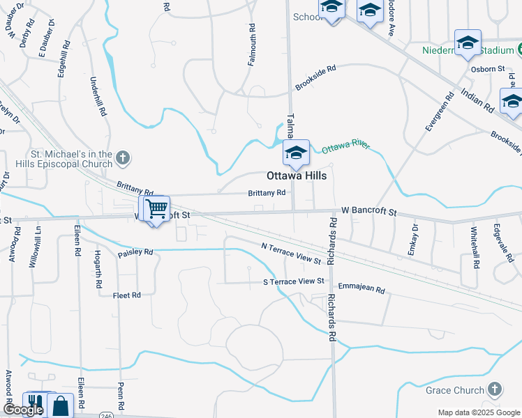 map of restaurants, bars, coffee shops, grocery stores, and more near 4301-4343 W Bancroft St in Ottawa Hills