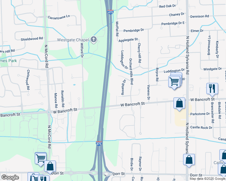 map of restaurants, bars, coffee shops, grocery stores, and more near 6300 West Bancroft Street in Toledo