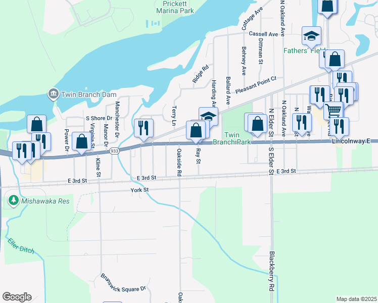 map of restaurants, bars, coffee shops, grocery stores, and more near 111 Ray Street in Mishawaka