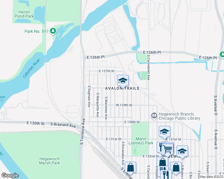 map of restaurants, bars, coffee shops, grocery stores, and more near 12808 South Muskegon Avenue in Chicago