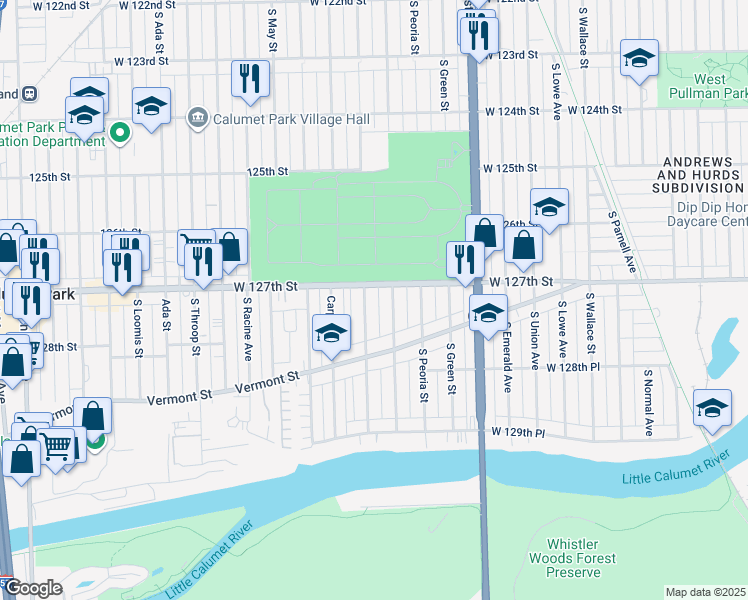 map of restaurants, bars, coffee shops, grocery stores, and more near 12720 South Morgan Street in Chicago