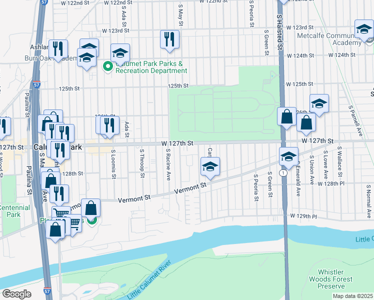 map of restaurants, bars, coffee shops, grocery stores, and more near 1121 West 127th Street in Calumet Park