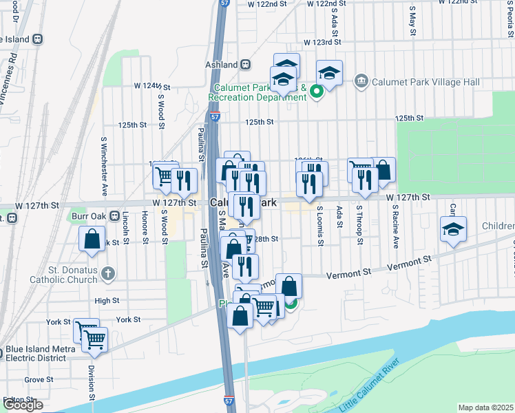 map of restaurants, bars, coffee shops, grocery stores, and more near 12712 South Justine Street in Calumet Park