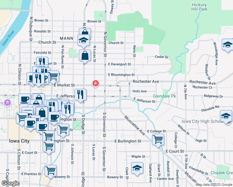 map of restaurants, bars, coffee shops, grocery stores, and more near 944 East Jefferson Street in Iowa City