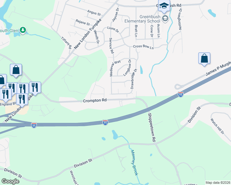 map of restaurants, bars, coffee shops, grocery stores, and more near 35 Drawbridge Drive in West Warwick