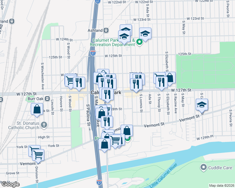 map of restaurants, bars, coffee shops, grocery stores, and more near 12710 South Laflin Street in Calumet Park