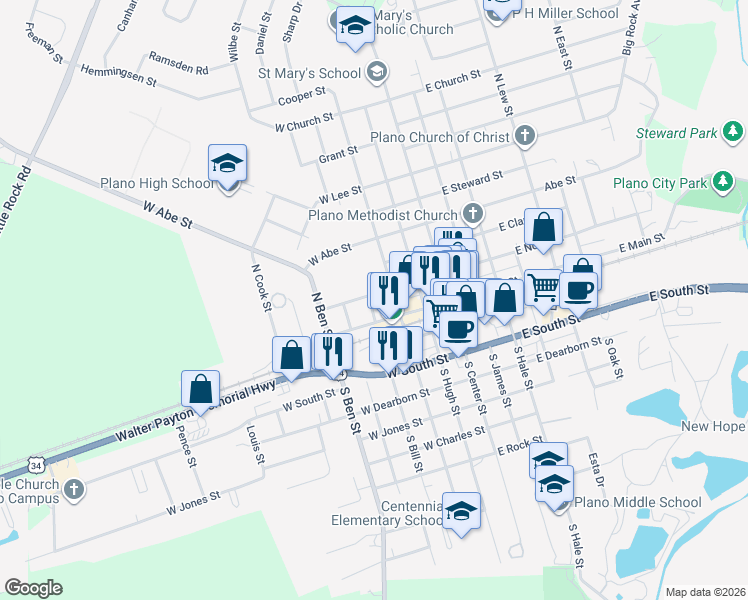 map of restaurants, bars, coffee shops, grocery stores, and more near 220 North Bill Street in Plano