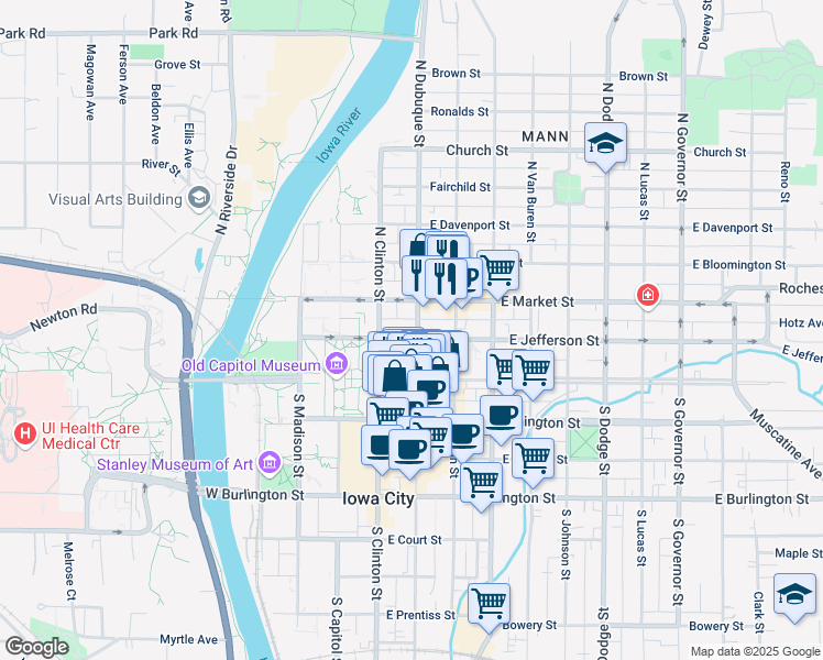 map of restaurants, bars, coffee shops, grocery stores, and more near 130 East Jefferson Street in Iowa City