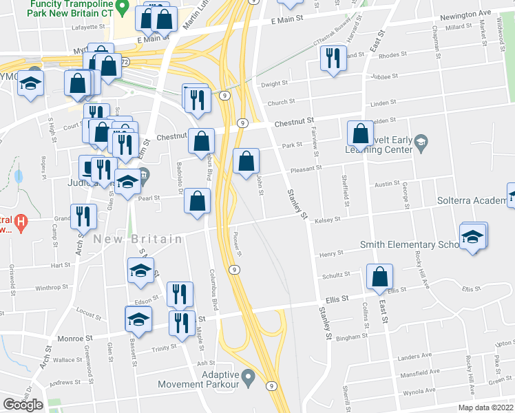 map of restaurants, bars, coffee shops, grocery stores, and more near 39 John Street in New Britain