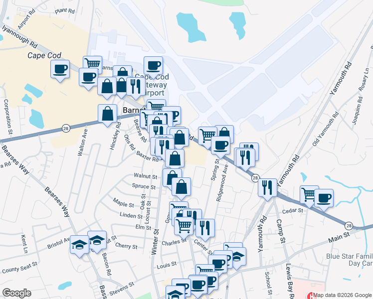 map of restaurants, bars, coffee shops, grocery stores, and more near 360 Barnstable Road in Barnstable