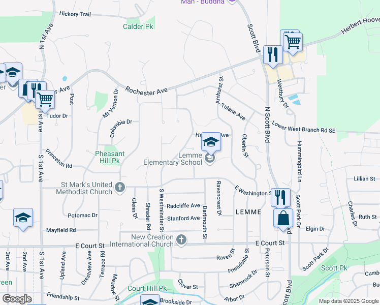 map of restaurants, bars, coffee shops, grocery stores, and more near 5 Penn Circle in Iowa City